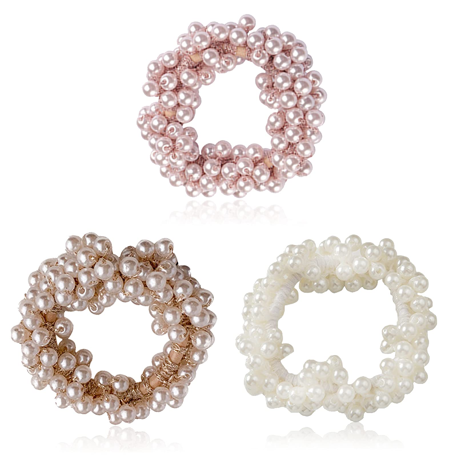 3pcs Pearl Hair Scrunchies for Women,Elastic Ponytail Tie,Thick Thin Yellow Hair Accessories for Girls (Pink, Gold, White)