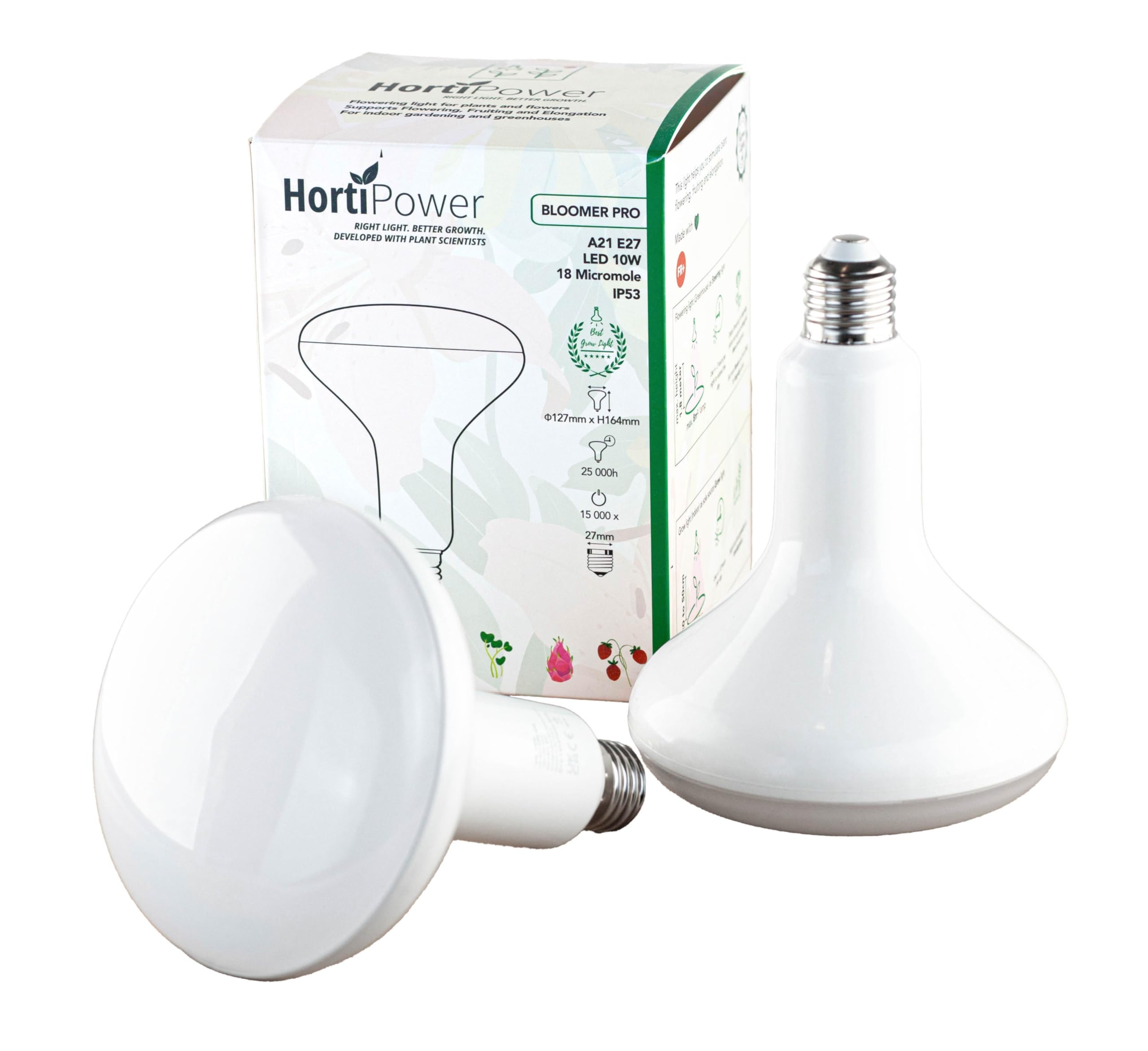 HortiPower Bloomer Pro, 10W/PCS, 100-240VAC, DR/W LEDs, Full Spectrum and Plant Centric Spectrum 400-780 nm, 18μmol/s, 825lm, 110° DEG, IP53