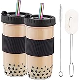 HEFBCOMK 2 Pack Reusable Boba Cup Smoothie Tumbler Glass Bubble Tea Cup, 24oz Iced Coffee Cups with Lids and Straws, Mason Ja