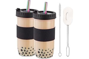 HEFBCOMK 2 Pack Reusable Boba Cup Smoothie Tumbler Glass Bubble Tea Cup, 24oz Iced Coffee Cups with Lids and Straws, Mason Ja