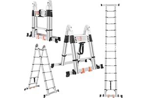 DEZEX Telescoping Ladder A Frame 12.5 FT,Aluminum Extension Ladder with Balance Bar,Wheels and 2 Triangle Stabilizers,330lbs Capacity Collapsible Telescopic Foldable Ladder for Home Outdoor