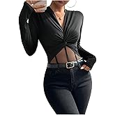 SHENHE Women's Twist Front Long Sleeve Top V Neck Mesh Slim Fit Fall Going Out Night Party Shirt