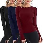 Velvelhall 3 Pack Women's Workout Shirts Long Sleeve Raglan Slim Fit Crew Neck Athletic Yoga Basic Tops with Thumb Holes