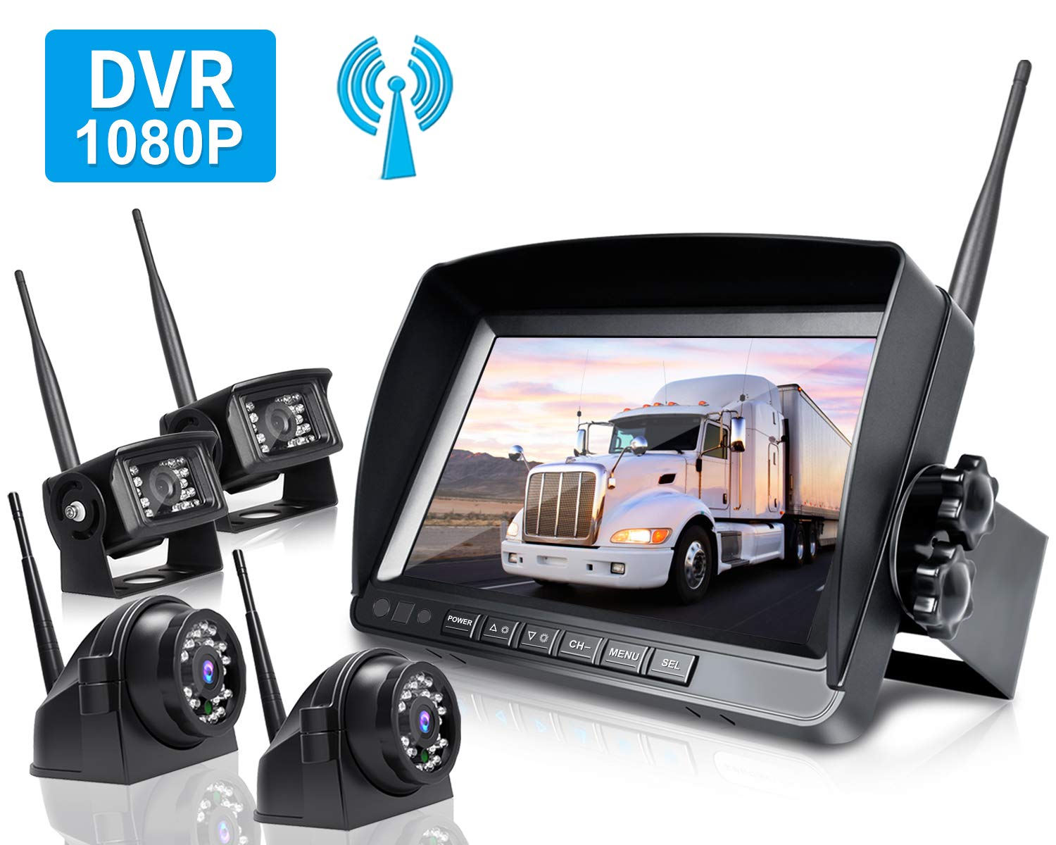 ZEROXCLUB Wireless Backup Camera System with 9 Inch DVR Monitor Support 4 Channel w/Recording, HD 1080P Digital Wireless Rear Side View Reverse Camera Kit for RV Truck Trailer Camper-BW904