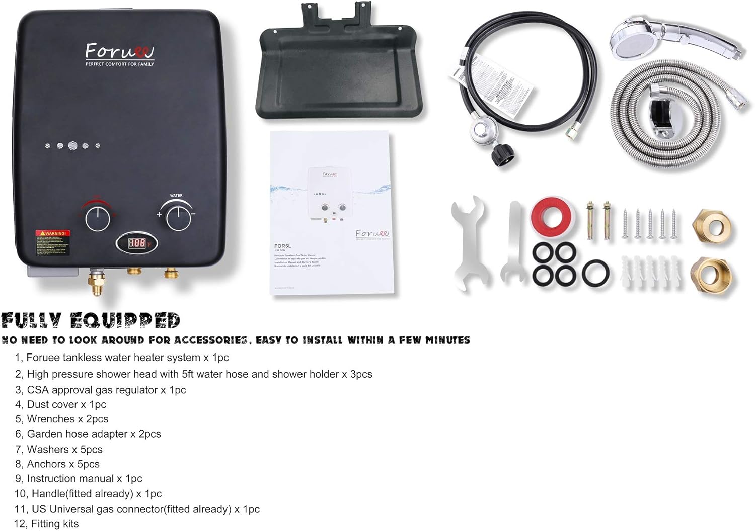 Portable Propane Tankless Water Heater, 1.32GPM/5Litre Capacity, 6-IN-1 Multiple Protection, 7 More Usage Scenarios, Low Pressure Startup, Black - - 