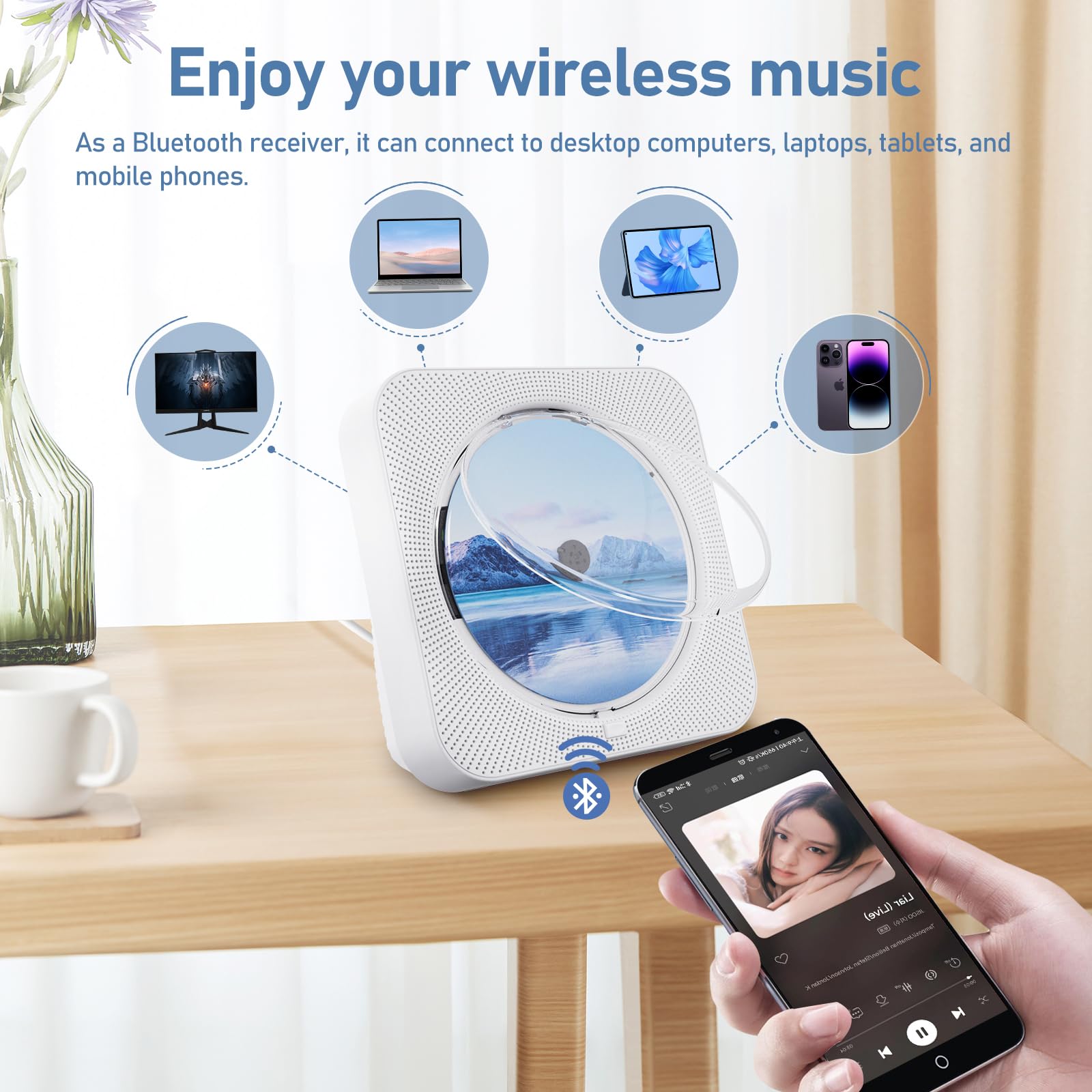 CD Player Portable Bluetooth 5.1 Desktop CD Player with HiFi Sound Speakers,Remote Control,Dust Cover,LED Display,Boombox FM Radio,USB/AUX for Home,Kids (White)