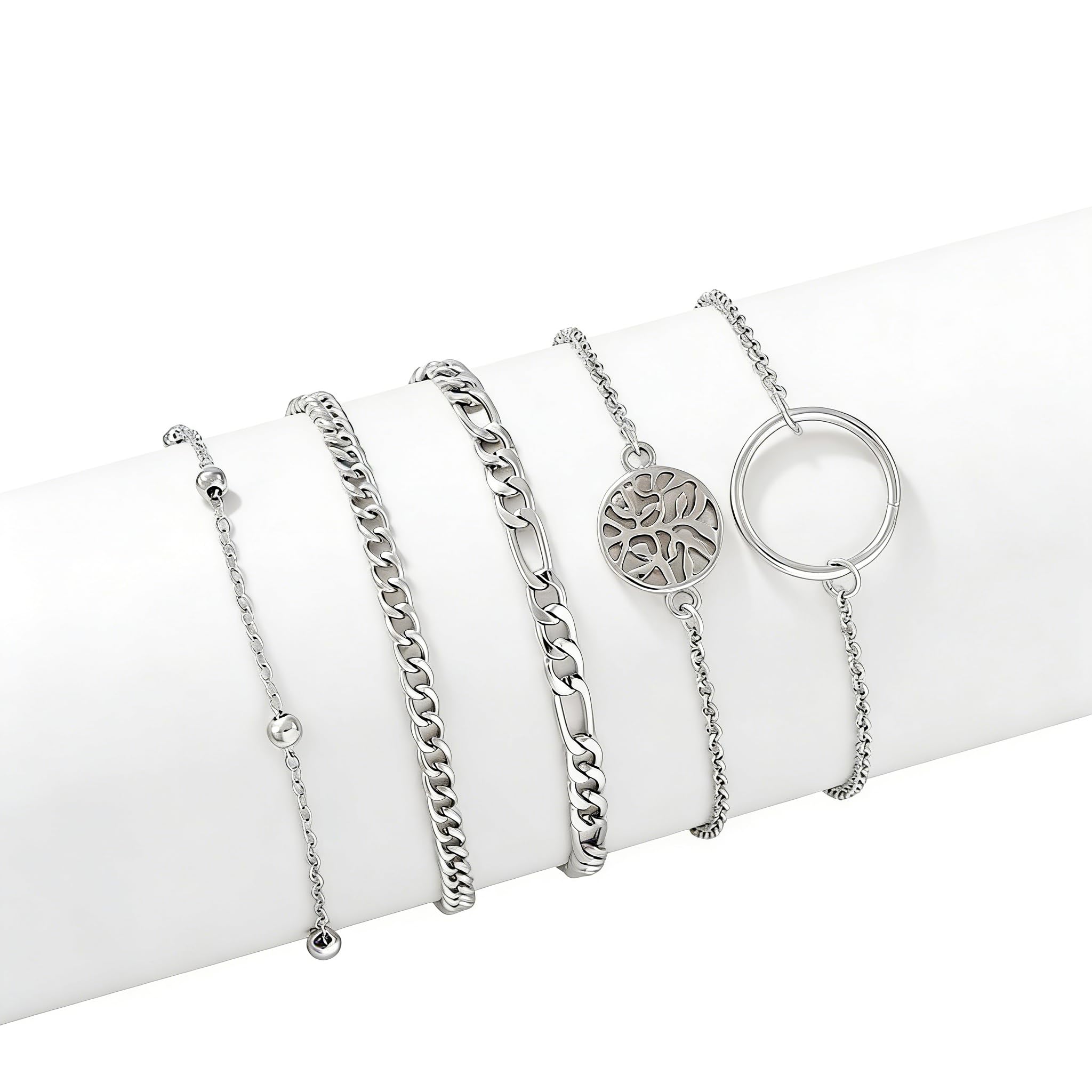 Branets Vintage Layered Beaded Bracelets Set Silver Circle Bangles Tree of Life Charm Bracelet Jewelry for Women and Girls(5 pcs)