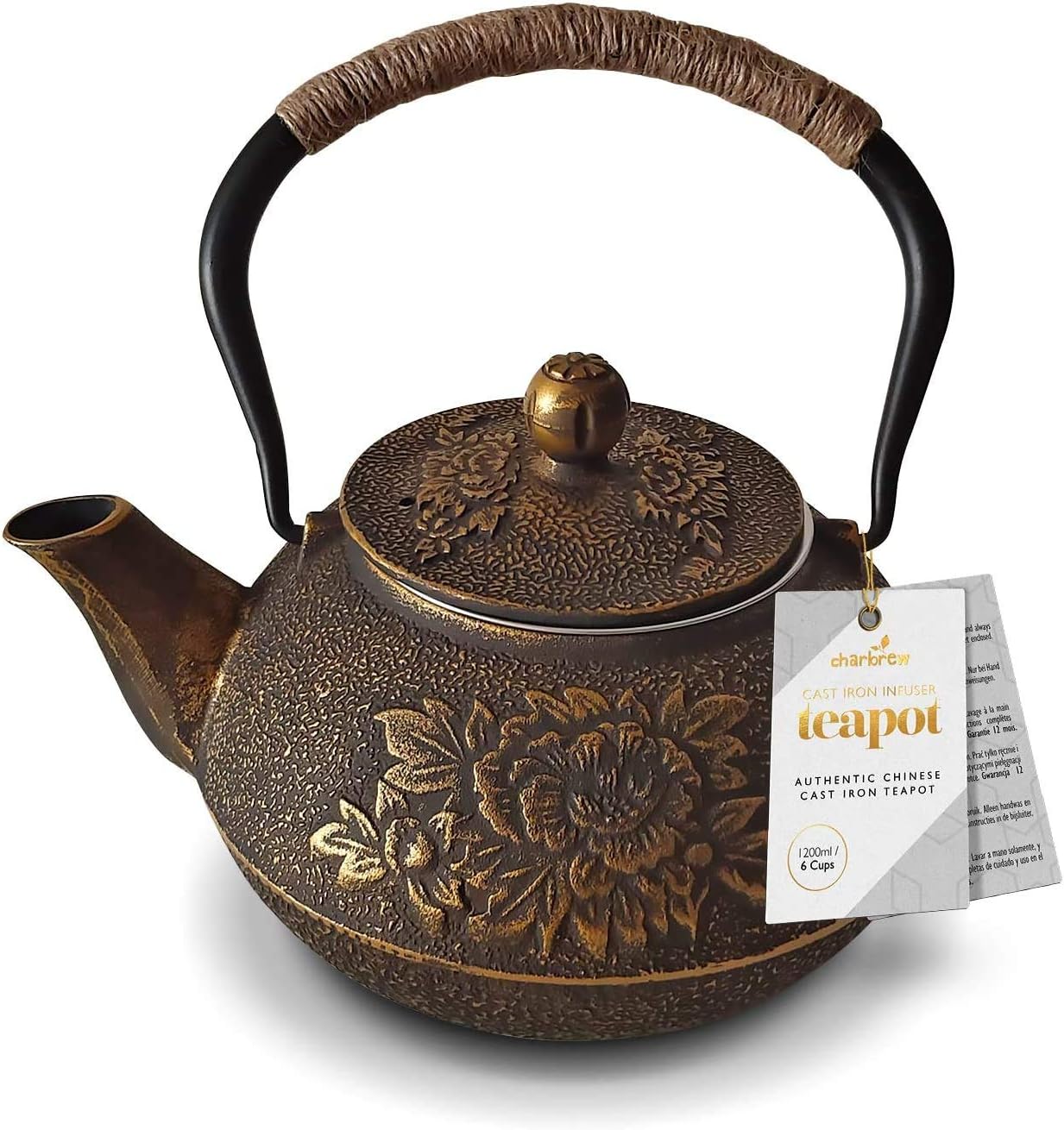 Charbrew Black & Gold Cast Iron Teapot 1200ml Teapot Kettle, Gold 1200ml, 1.2L