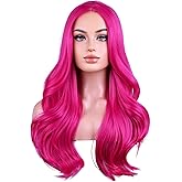 BERON Hot Pink Long Wigs for Women Girls Magenta Curly Wavy Hair Wig Middle Part Dark Pink Heat Resistant Synthetic Fiber Wigs