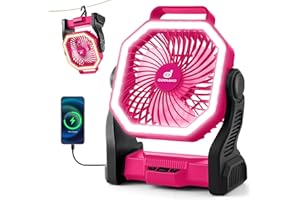 Odoland Portable Camping Fan with LED Light, 20000mAh Rechargeable Battery Operated Camp Fan with Hook, 4 Speeds Outdoor Tent