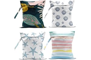 zcyxuuw 4Pcs Waterproof Wet Bag for Swimsuit, Travel Beach Wet Dry Bag, Hidden Zipper Reusable Shell Starfish Beach Palm leaf Decor, for Travel Beach Wet Swimsuits Toiletries Diapers Laundry Bag