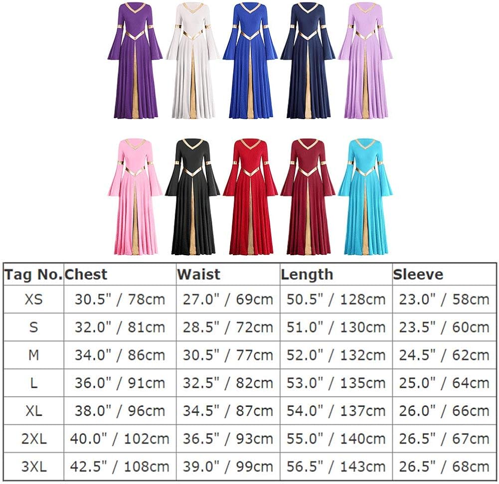 Women Metallic V Neck Praise Dance Dress Liturgical Worship Costume Bi Color Bell Long Sleeve Church Robe Praisewear: Clothing