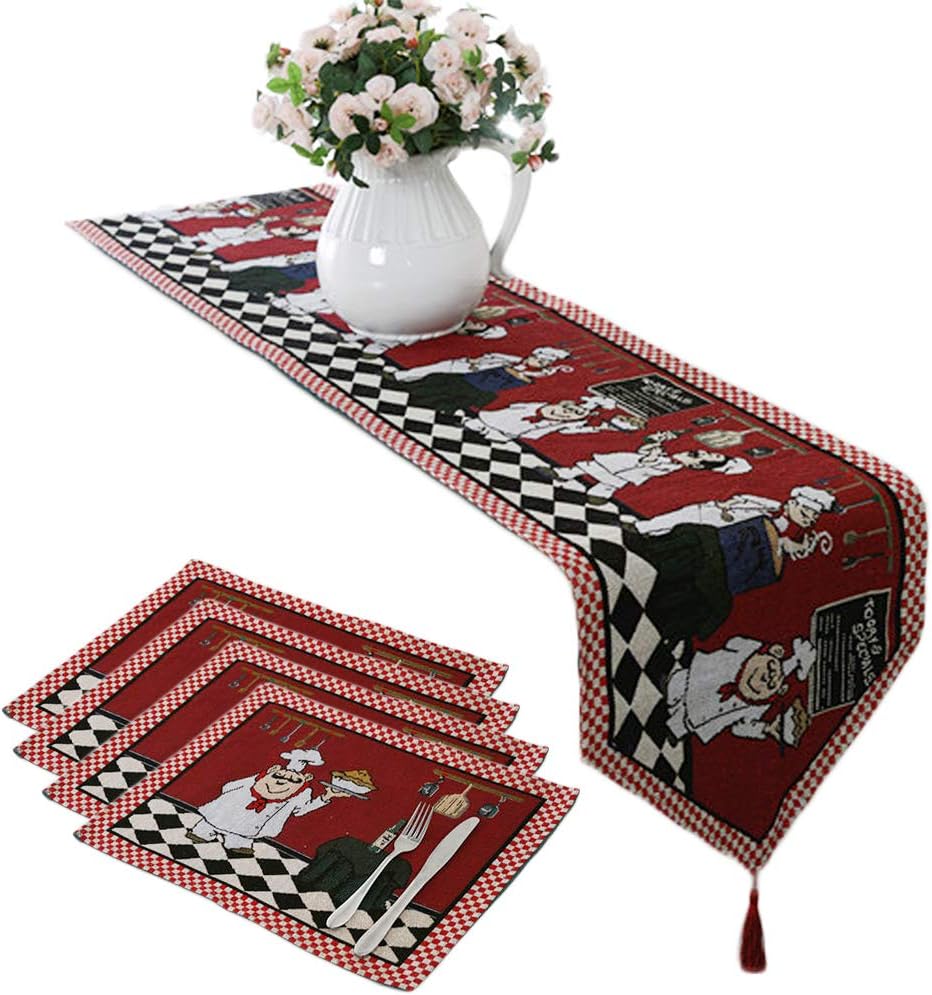 Cheerful Fat Chef Table Runner and Placemat Set - Rustic Style Jacquard Cotton Linen 1PC Table Runner and 4PCs Placemats Value Pack for Indoor&Outdoor Events, Red: Home & Kitchen