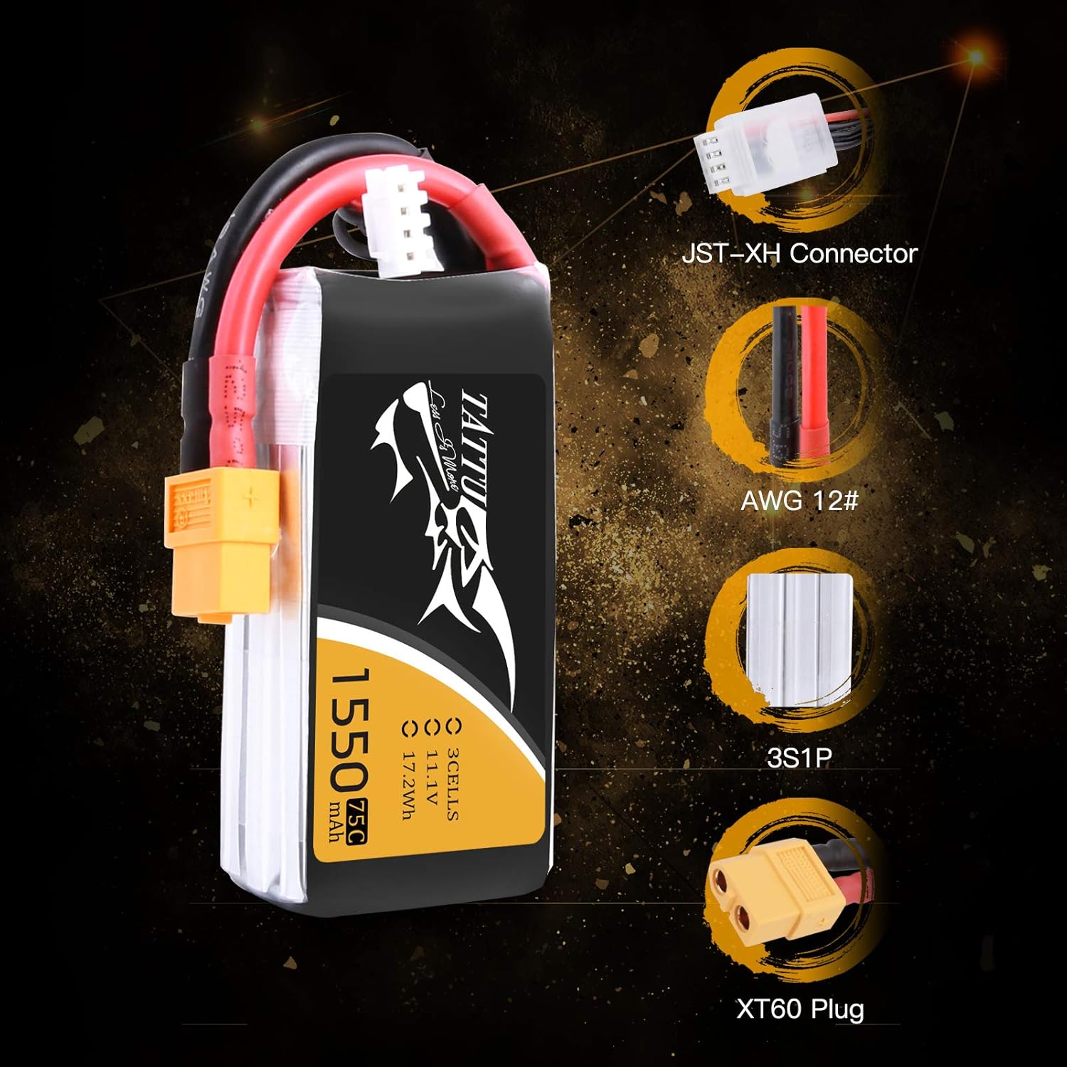 Tattu RC Battery 1550mAh 75C 3S 11.1V LiPo Battery Pack with XT60 Plug for FPV Racing Quadcopters UAV Drone RC Car RC Boat RC Heli Airplane - Image 5