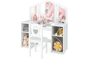 INFANS Kids Vanity, 2 in 1 Princess Makeup Desk & Chair Set with Tri-Folding Detachable Mirror, Storage Shelves, Wooden Dress