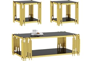 SYBRIOKA Glass Coffee Table Set of 3 for Living Room, End Table Modern Center Table Rectangle Black Tempered Glass Gold Stainless Steel Leg, Square Side Tables for Home Furniture Set (Black, Set of 3)