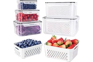 FRESHMAGE 5 PCS Large Fruit Containers for Fridge - Leakproof Food Storage Containers with Removable Colander - Dishwasher & microwave safe Produce Containers Keep Fruits, Vegetables, Berry, Meat Fresh longer