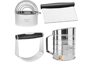 HULISEN Stainless Steel 3 Cup Flour Sifter, Pastry Scraper, Dough Blender & Biscuit Cutter Set, Heavy Duty with Ergonomic Rub