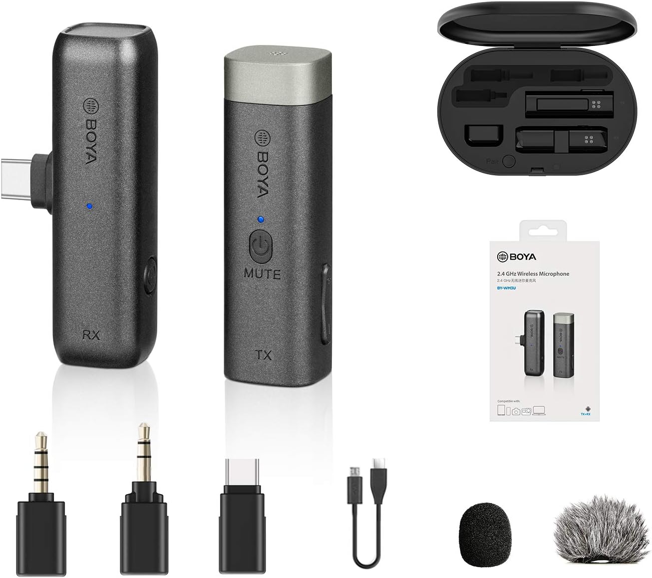Amazon.com: BOYA BY-WM3U 2.4GHz Wireless Microphone with Type-C, 3.5mm TRS  & TRRS adapters & Charging case Compatible with most Android Type-C  smartphones, tablets, Mac PC, iPad Pro Macbook Pro, DSLR, camcorder: Musical