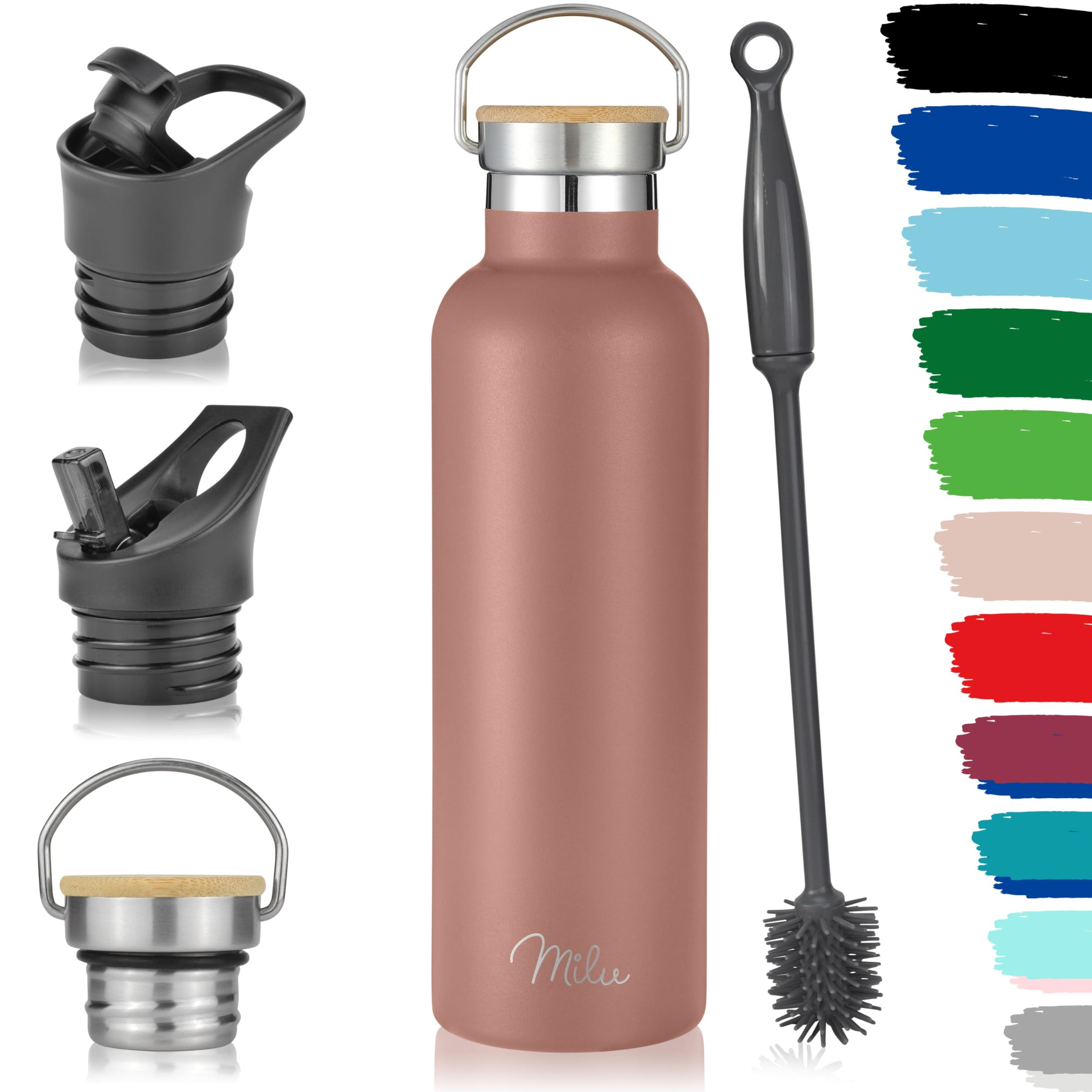 Milu Stainless Steel Drinking Bottle 350ml, 500ml, 750ml, 1l (+3 Lids) - Thermo Bottle with Straw, Water Bottle, for Hot, Cold & Carbonated Drinks (Rose Gold, 750ml)