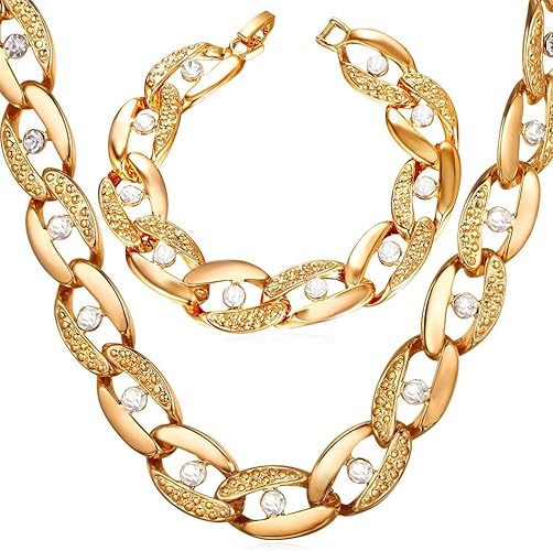 Amazon Rockyuメンズ ネックレス ブレスレット チェーン シルバー ゴールド セット販売 ジュエリー 18金メッキ ラインストーン ジルコニア 高級 喜平チェーン 腕輪 ネックレス 誕生日 ファッション アクセサリー ゴールド ネックレス 通販