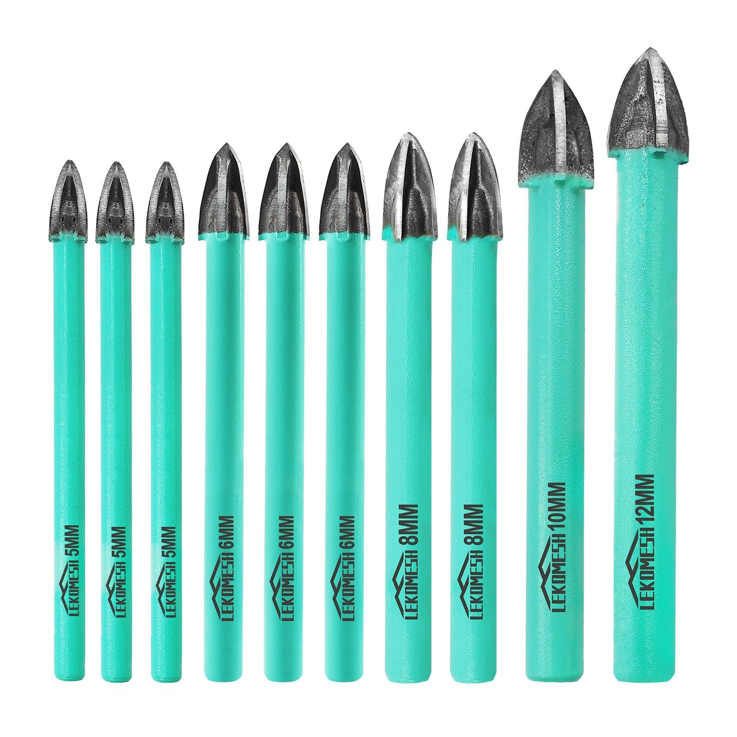LEKOMESH Masonry Concrete Drill Bits Set - 10pcs 5 * 3/6 * 3/8 * 2/10/12mm Carbide Drill Bits Tip for Wood, Plastic, Masonry, Ceramic Tile, Concrete, Marble, Round Shank