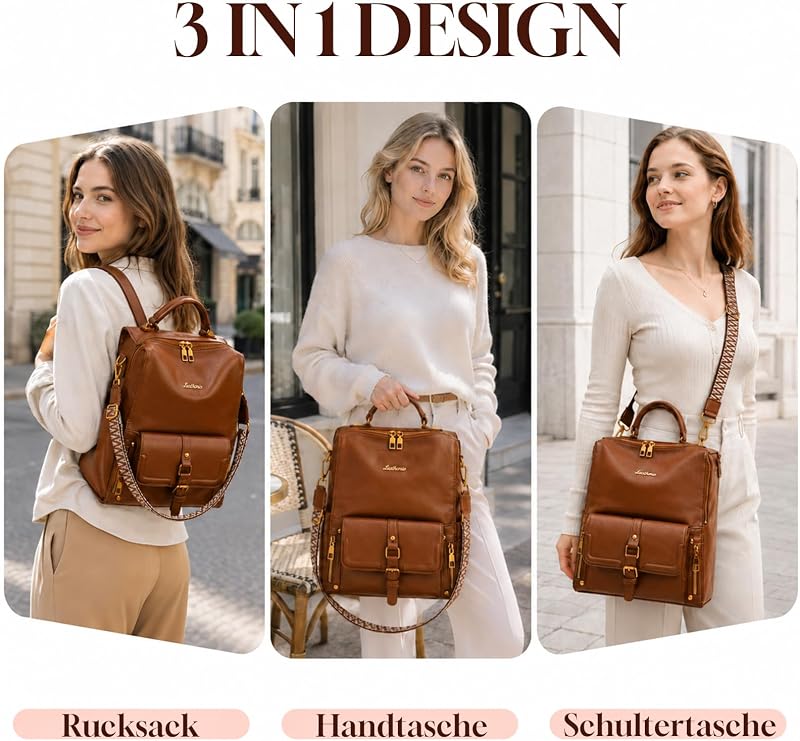 Rucksack Damen Wasserdicht,Diebstahlsicherer Cityrucksack,Veganes Leder Rucksack,eleganter Tagesrucksack,Leichte Rucksackhandtasche für Alltag,Pendeln,Büro,Uni und Reisen