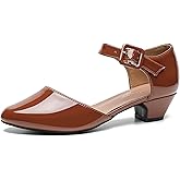 Enelauge Women's Ankle Buckle Strap Low Block Chunky Heels Closed Toe D'Orsay Pumps Dress Work Church Evening Shoes