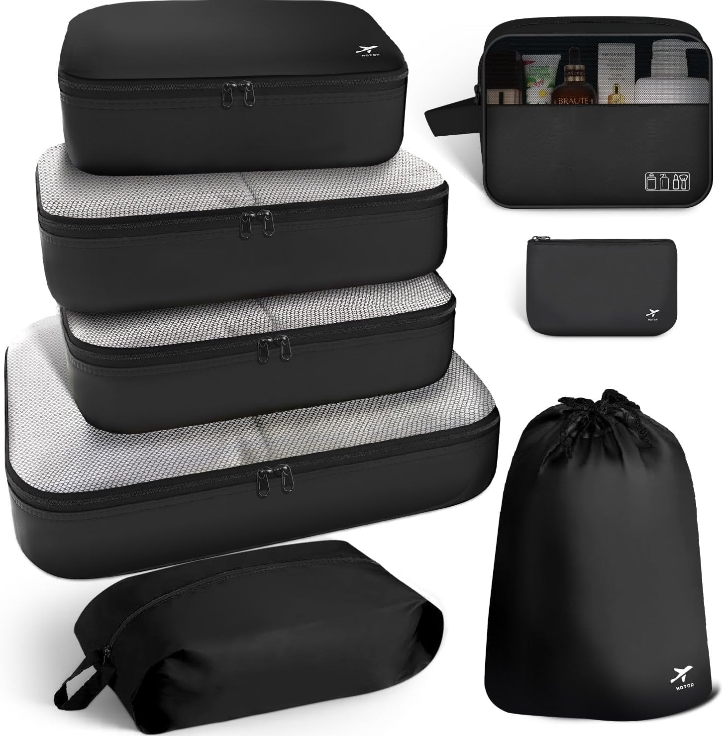 Photo 1 of HOTOR Packing Cubes for Suitcases - 8 Pieces, Light Packing Cubes for Travel, Premium Suitcase Organizer Bags Set, Space-Saving Luggage Organizers, Travel Accessories and Essentials, Black