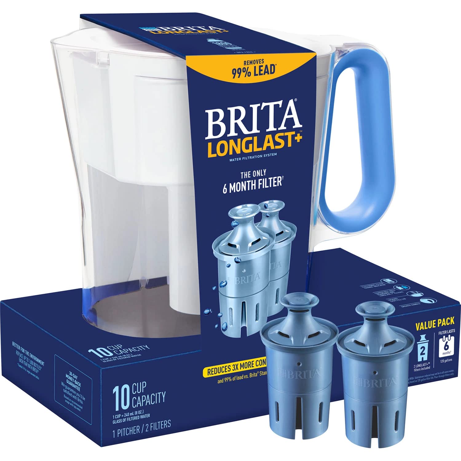 Photo 1 of Brita Wave Large 10-Cup Water Filter Pitcher with 2 Longlast+ Filters- Blue