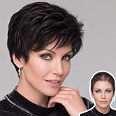 WIGYY Wavy Black Brown Pixie Wig for White Women, Short Synthetic Wig with Bangs, Protein Fiber Standard Cap, Lightweight Everyday Wig for Older Women