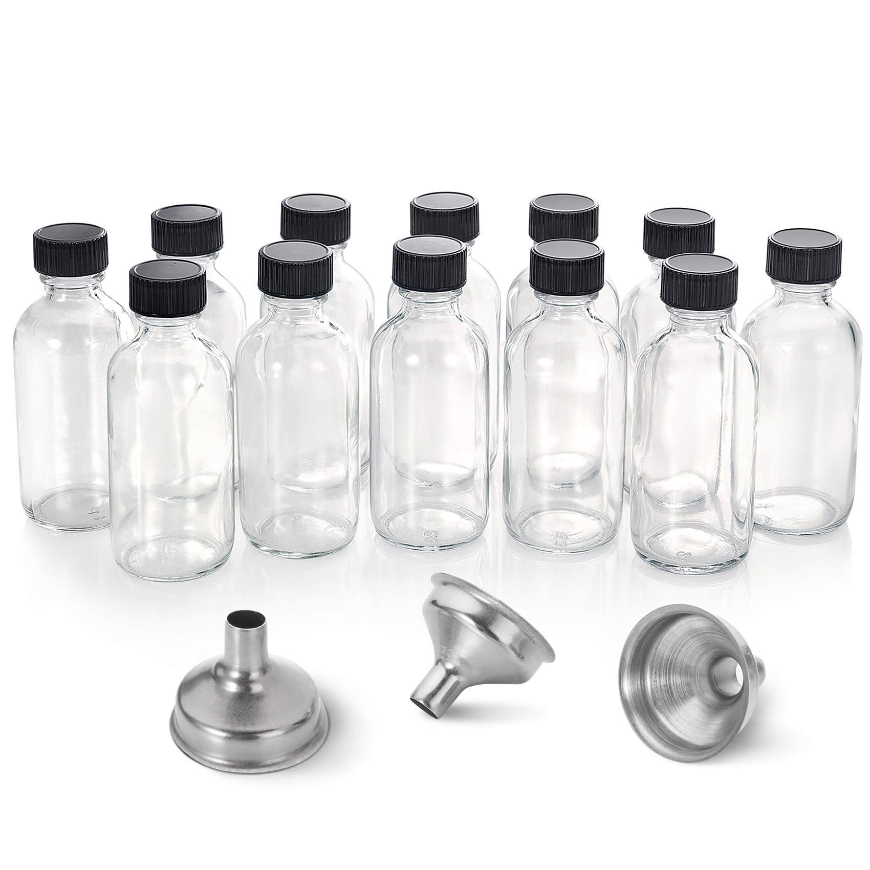 Photo 1 of 12 Pack, 2 oz Small Clear Glass Bottles w/Lid & 3 Funnels - 60ml Boston Shot Bottles for Health, Immunity, Potion, Wellness, Sample, Ginger, Juice - Mini Personal Care & Beauty Travel Bottle