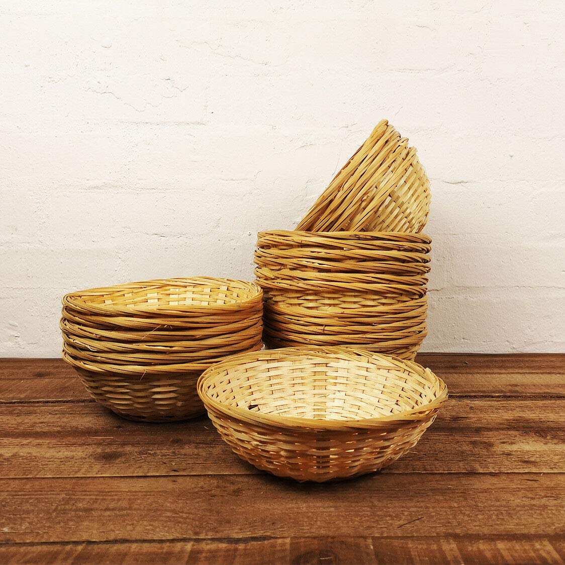 Set Of 24 Vintage Round Natural Bamboo Wicker Bread Basket Handmade Woven Storage Trinket Fruit Hamper Trays 20cm New