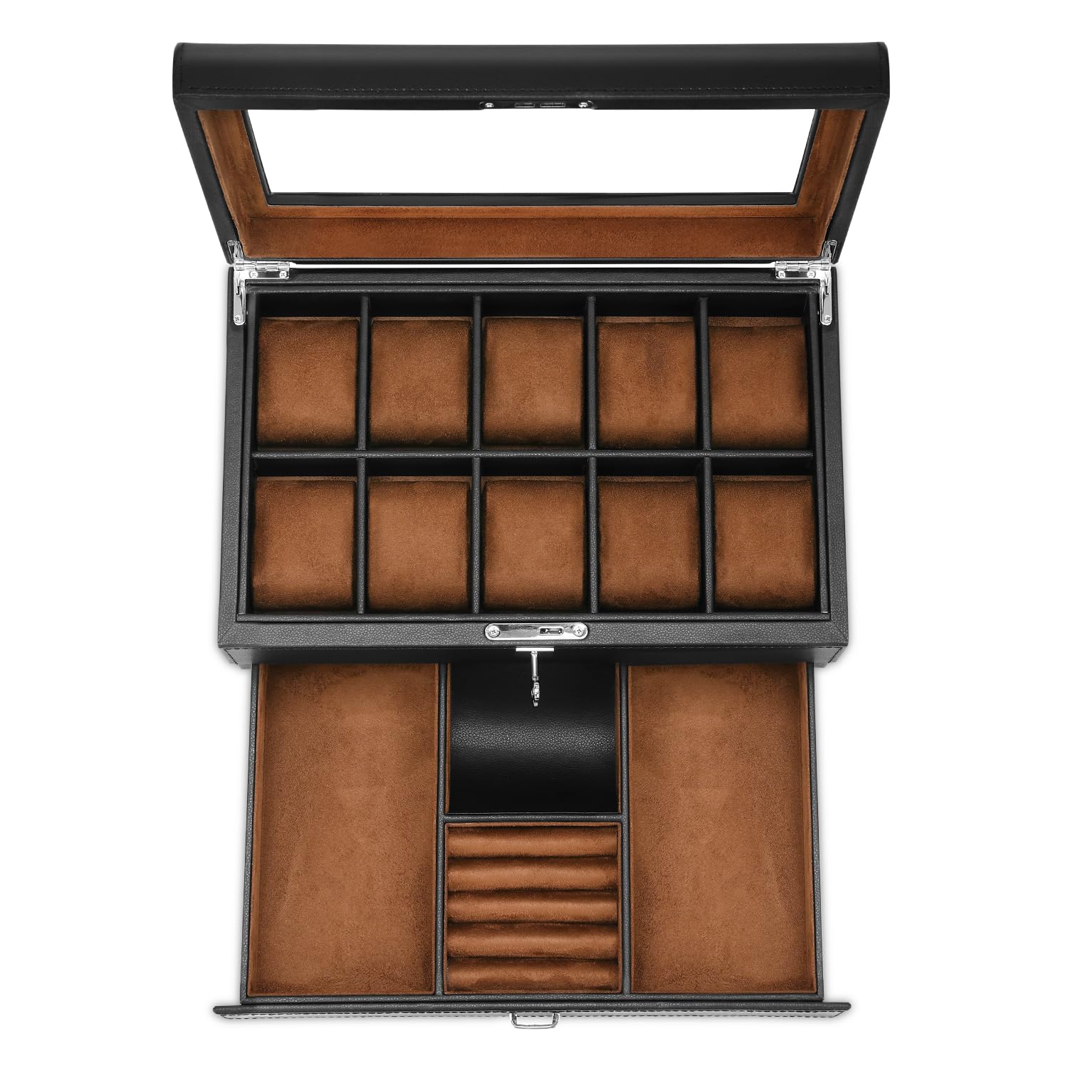 Photo 1 of HELMDY Leather Watch Box with Drawer-10 Slots Locking Jewelry Watches Holder for Men-Luxury Watch Case Display Organizer-2 Tier Organizer Watch Showcase-Storage Case