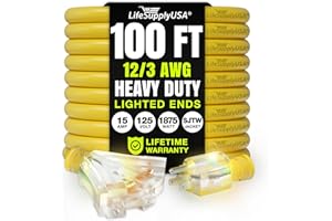 100ft Outdoor/Indoor Extension Cord 3-Outlet 12/3 Gauge Extra Heavy Duty 3 Prong SJTW, Waterproof, Flexible Cold-Resistant Lo