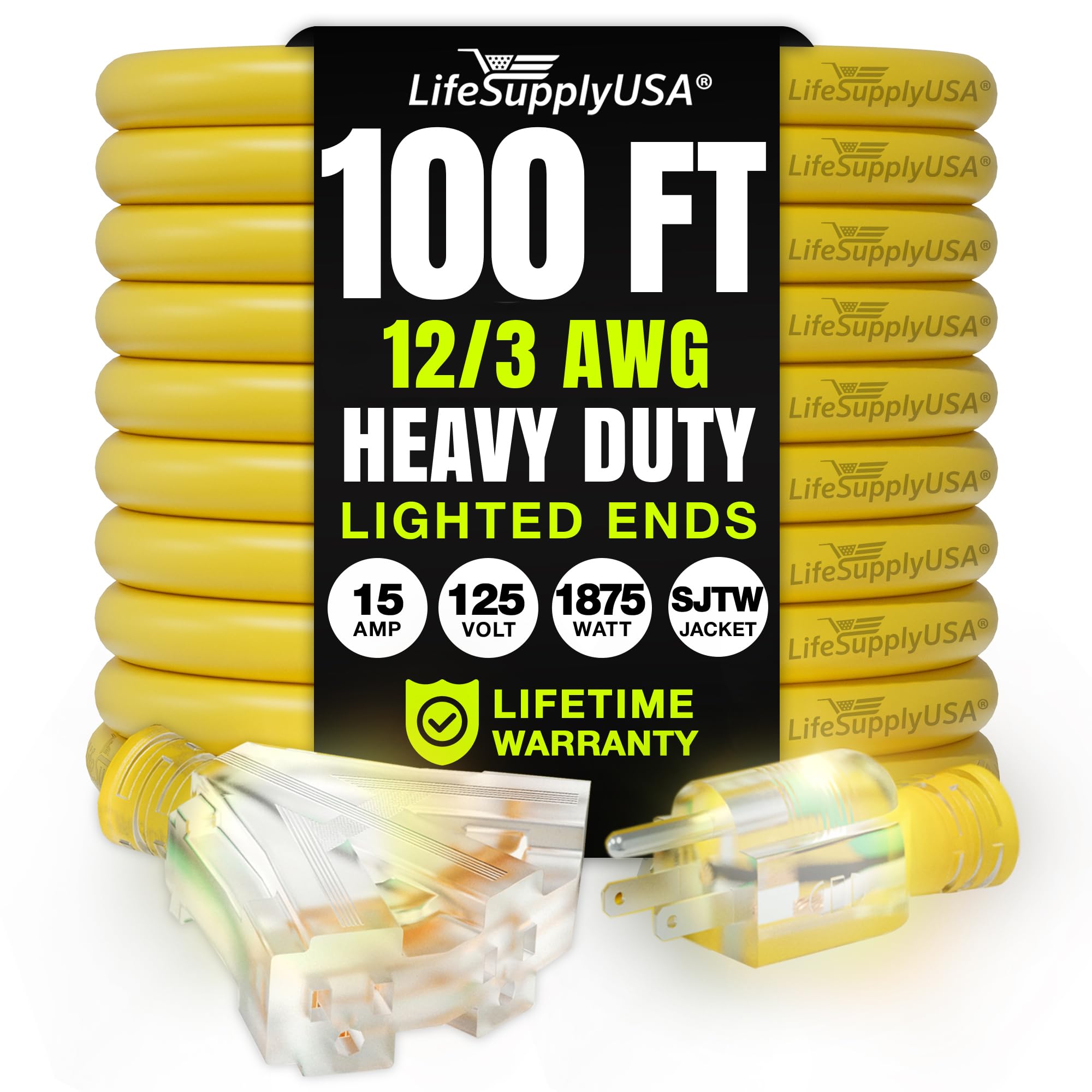 View 1 of 100ft Outdoor/Indoor Extension Cord 3-Outlet 12/3 Gauge Extra Heavy Duty 3 Prong SJTW, Waterproof, Flexible Cold-Resistant Long Power Cord,15A 125V 1875W, Yellow by LifeSupplyUSA