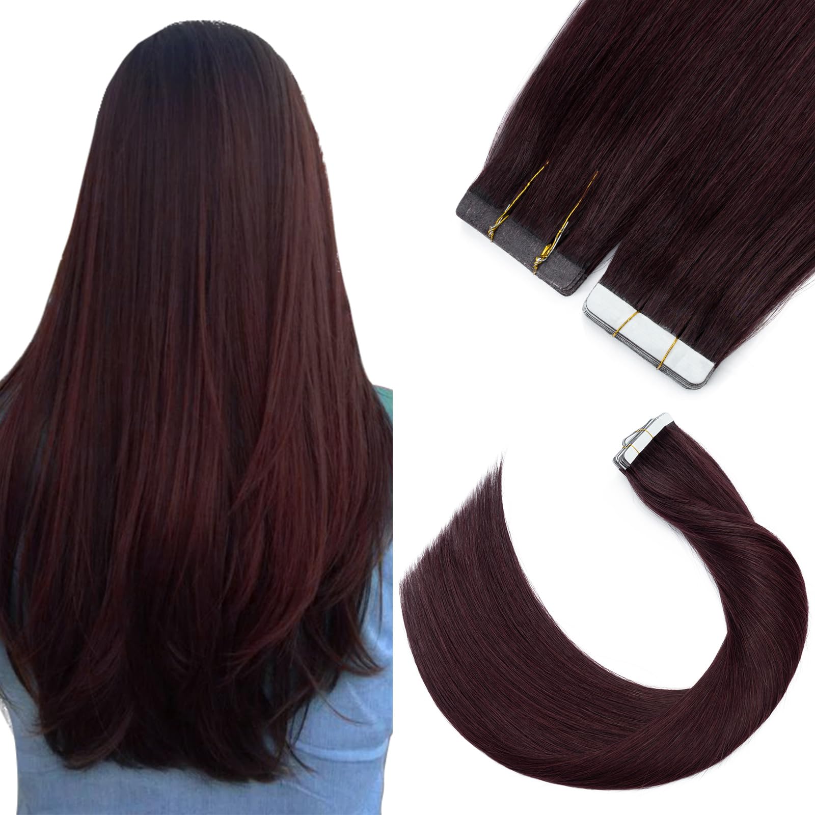 Silk-co 18inch Silky Soft Tape in Hair Extensions #99J Wine Red 100% Remy Human Hair Straight Skin Weft Hair Extensions 20pcs 50g