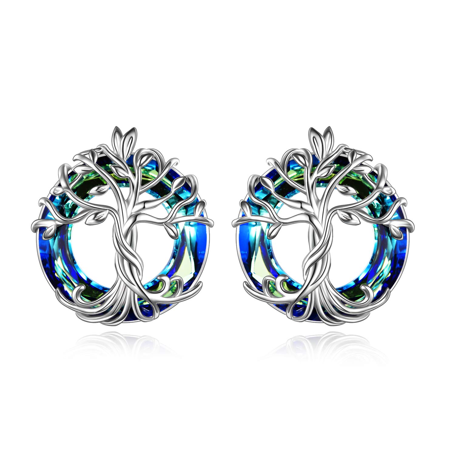 TOUPOP Tree of Life Stud Earring for Women 925 Sterling Silver Family Tree Earring Jewellry with Blue Circle Crystal Earrings Gifts for Women Teen Girls Wife Mom Birthday Mother's Day