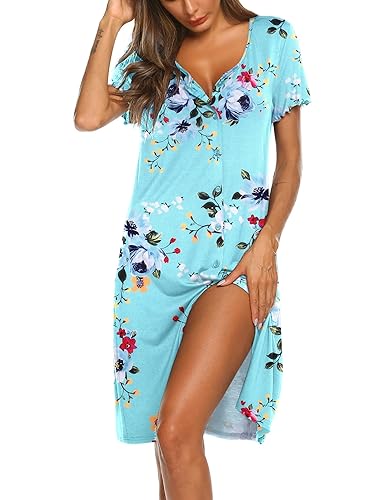 Ekouaer Women's Nightshirt Short Sleeve Button Down Nightgown V
