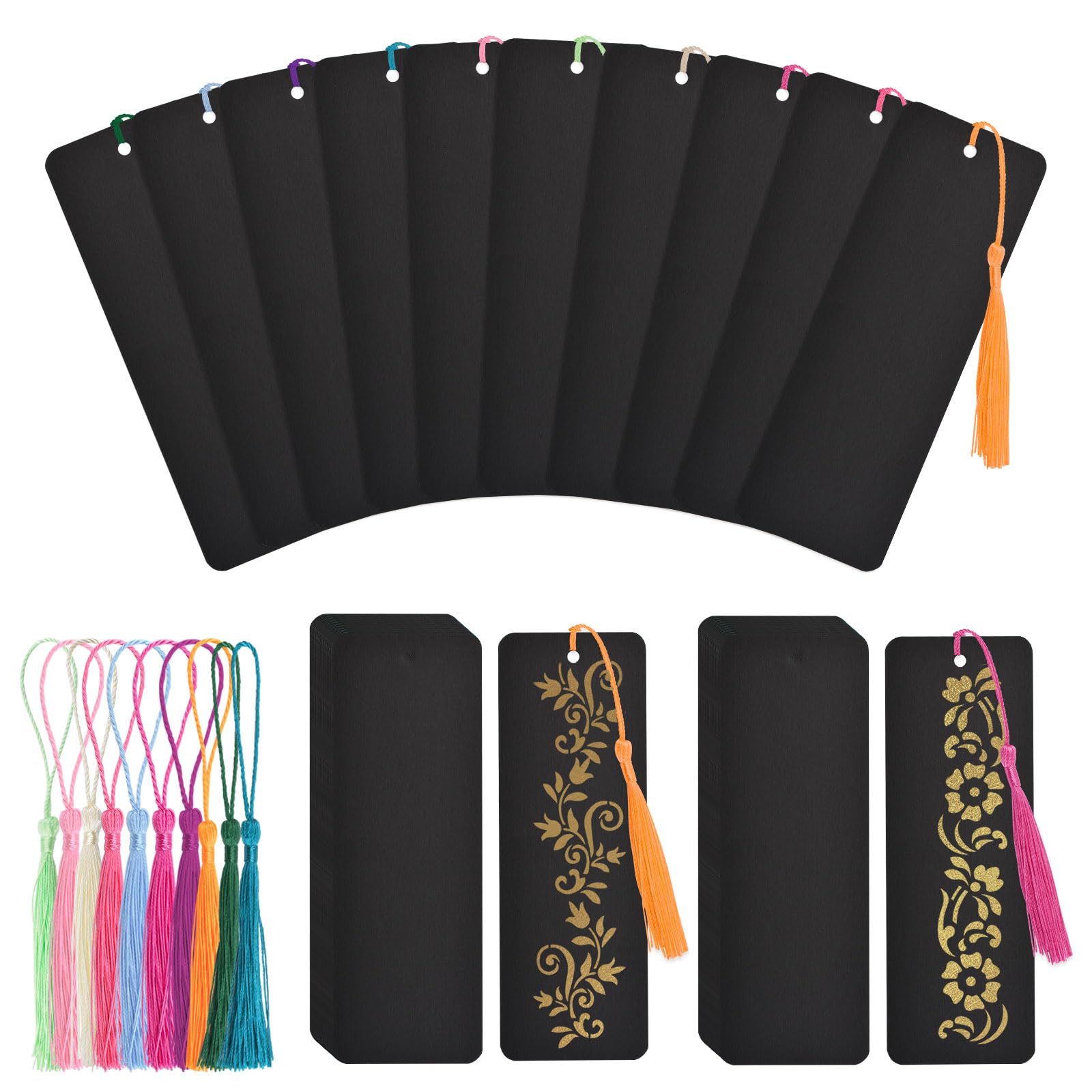 WANDIC Blank Bookmarks Set, 60 Pieces Black Bookmarks & 60 Pieces Colorful Tassels Paper Bookmark Set for DIY Projects Gift Supplies,Day Deals 2025