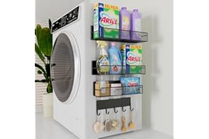 DTUQYX 4 Pack Magnetic Shelves for Washing Machine, Heavy-Duty Magnetic Laundry Organizer with Hooks, Washing Machine Shelf for Refrigerator, Metal Storage Baskets, Closet & Laundry Room Organization(Black)