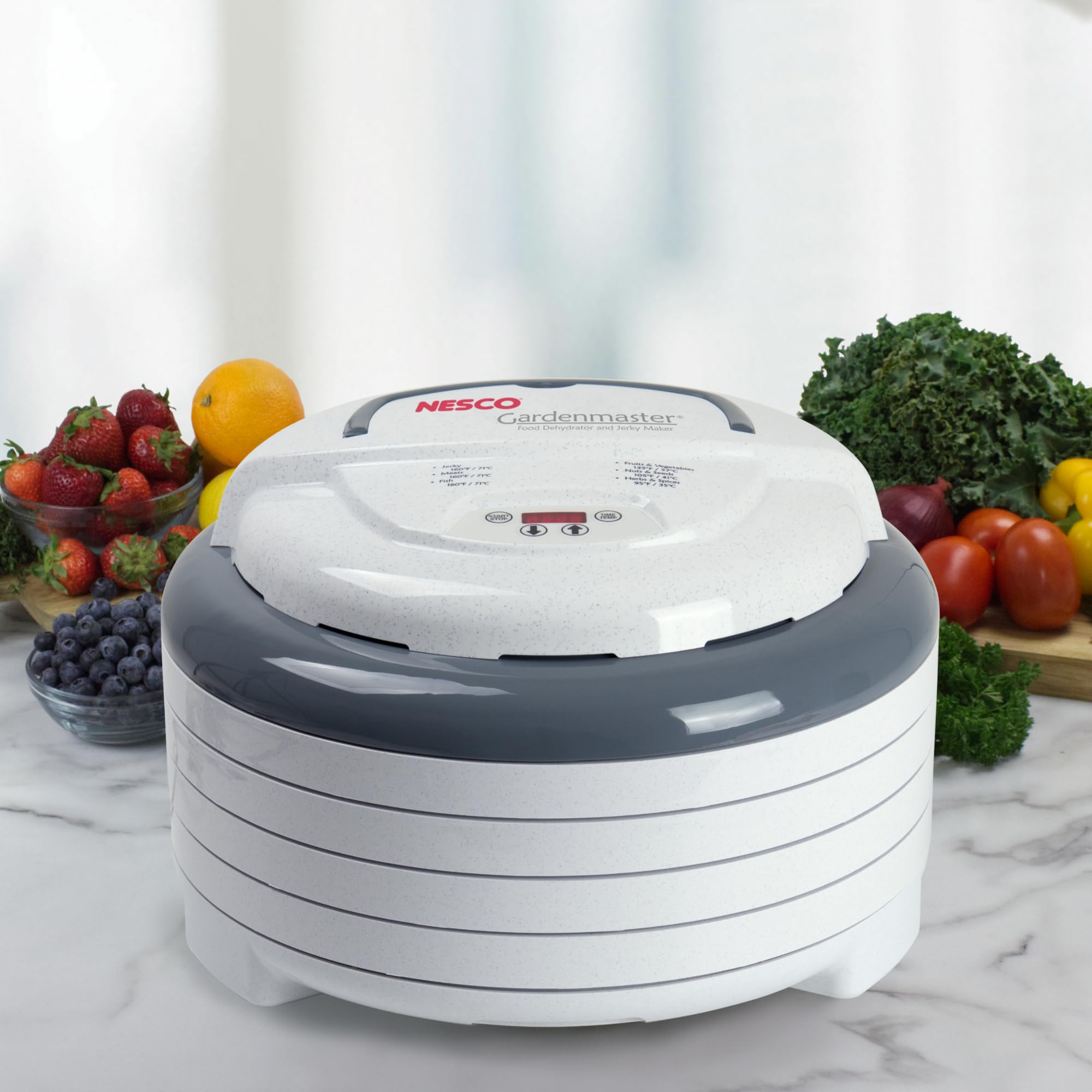 Nesco FD-1040 Gardenmaster Digital Pro Food Dehydrator, for Beef Jerky, Fruit, Herbs, and Snacks, 4 Trays, White