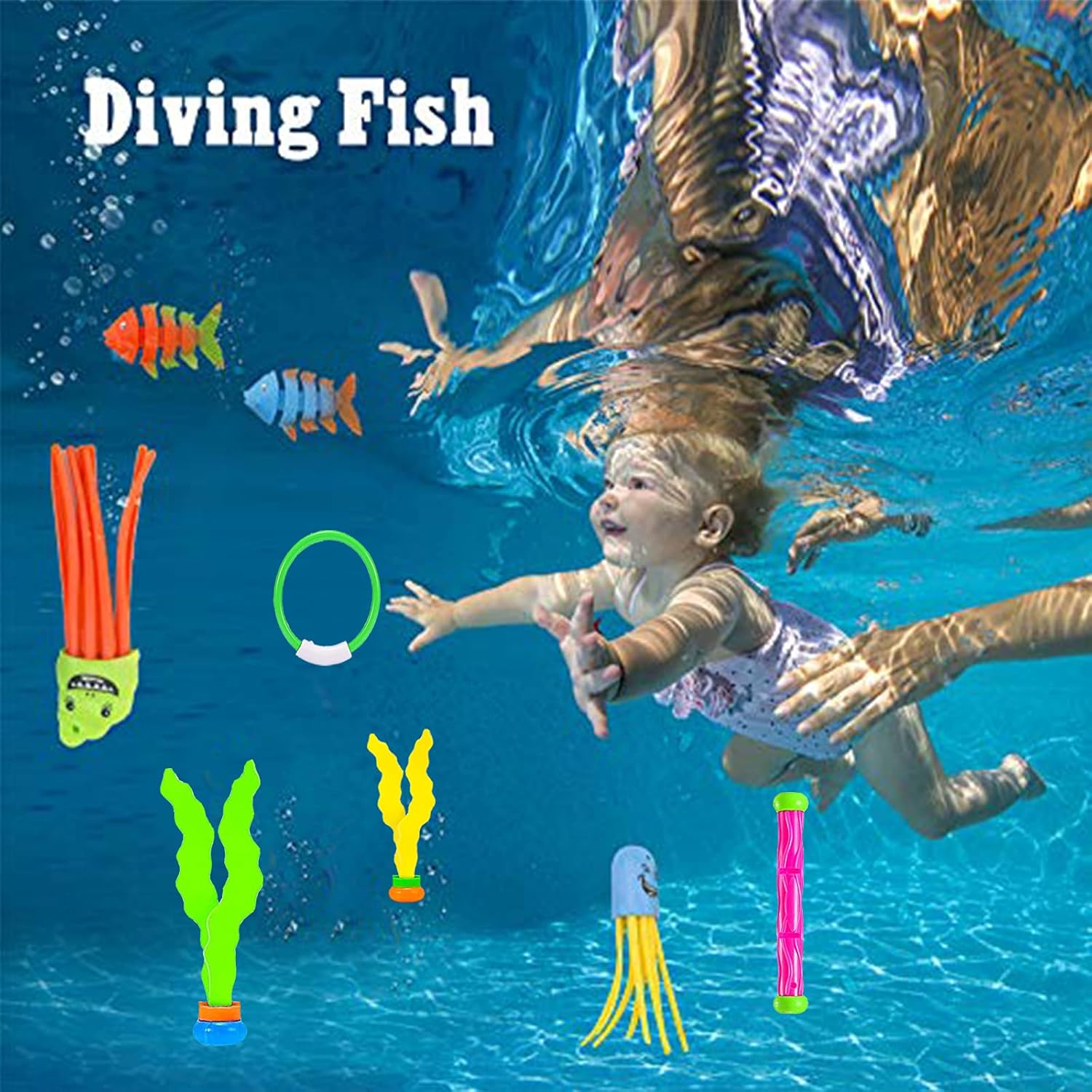 Cakuni Underwater Swim Pool Diving Toys - Summer Swimming Dive Toy Sets - Water Rings,Sticks,Octopus,Fish & Balls for Kids: Toys & Games