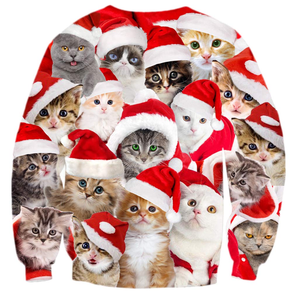 TUONROAD Couples Matching Ugly Christmas Sweater Crazy Novelty Cats Graphic Printed Tacky Sweatshirt Crew Neck Long Sleeve Pullover Jumper Top for Adults Youth