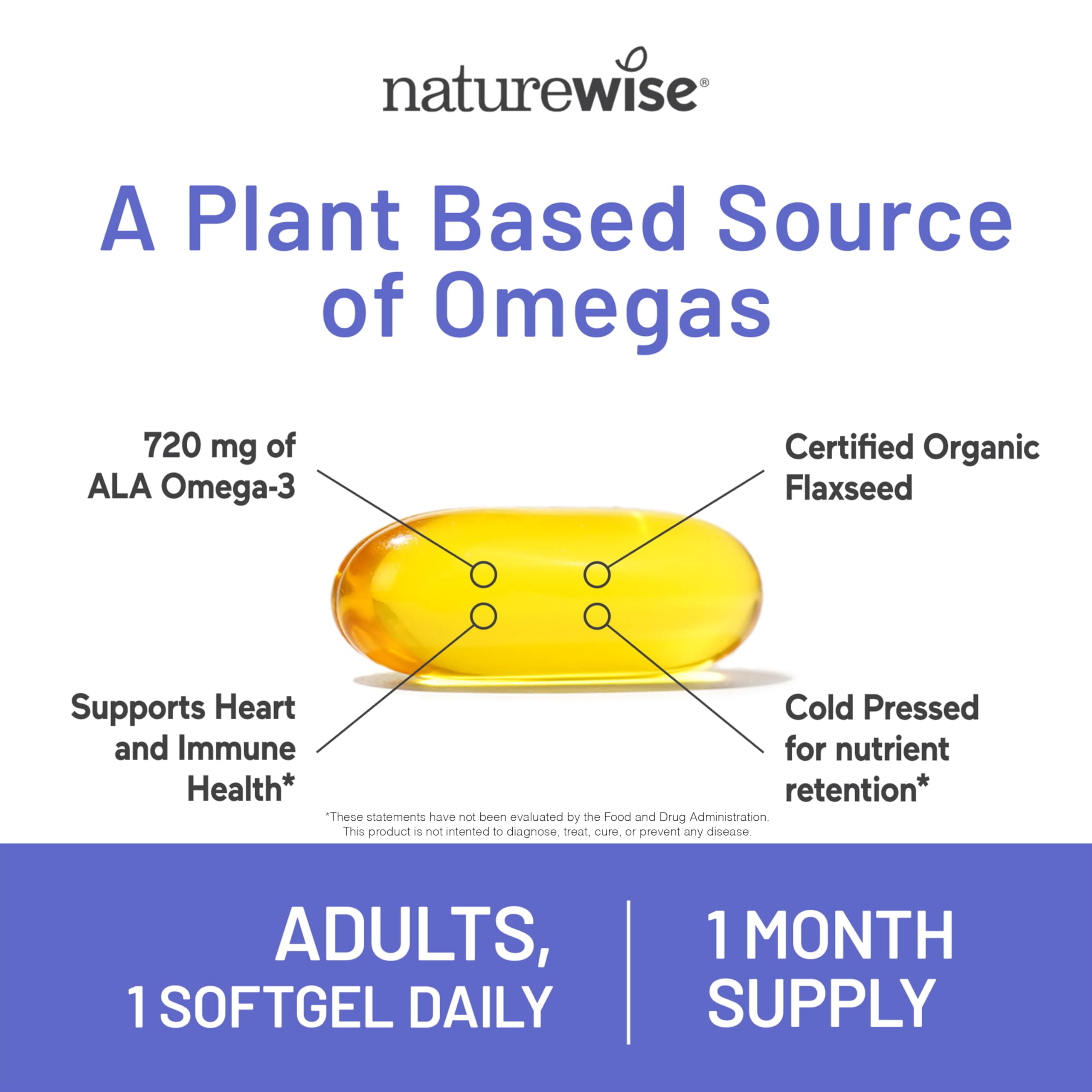 NatureWise Flaxseed Oil 1200 mg, Fish Free Omega 3 6 9 with 720mg ALA, Dietary Supplement for Heart Health Support - Organic, Cold Pressed, Non-GMO - 30 Softgels[1-Month Supply]