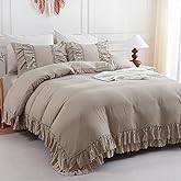 Herside Taupe Boho Comforter King Size,Shabby Chic Ruffle Bedding Set,2 Layers Ruffles Fluffy Vintage Comforter Home Decor,Farmhouse 3 Pcs Microfiber Lightweight Quilt Set