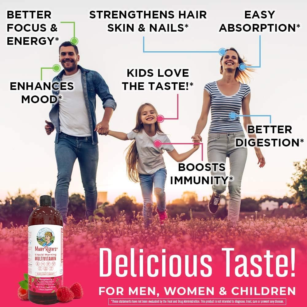 Morning Liquid Vitamins by MaryRuth's (Raspberry) Vegan Multivitamin A B C D3 E Trace Minerals & Amino Acids for Energy, Hair, Skin & Nails for Men & Women - Paleo - Gluten Free - 0 Sugar - 32oz: Health & Personal Care