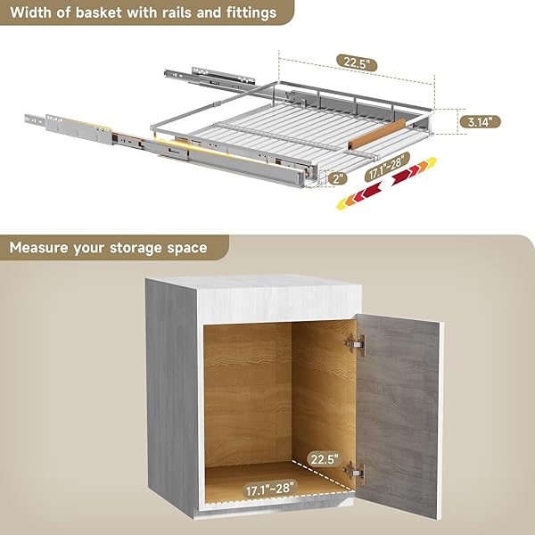 TAIHEIS 1 PACK EXPANDABLE PULL OUT CABINET ORGANIZER，SIDE MOUNTING 17.1~28″X22.5″CABINET PULL OUT SHELVES, EXPANDABLE SLIDE OUT SPICE RACK FOR CABINET FOR KITCHEN BATHROOM OFFICE