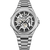GLENAW Mechanical Skeleton Watch Self-Winding Wrist Watch Mechanical Classic Business Mens Watches Sliver & Black