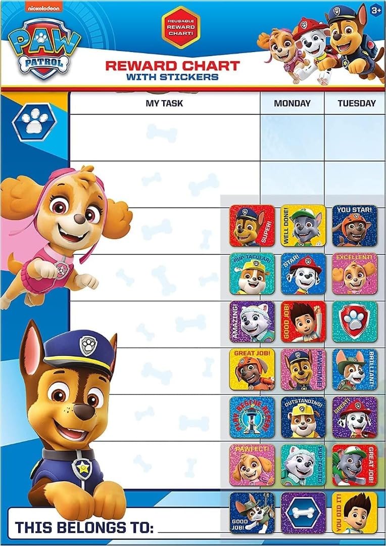 Paper Projects 01.70.30.024 Paw Patrol Everyday Reward Chart and 56 Sparkly Stickers,for ages 3+, 29.7cm x 42cm